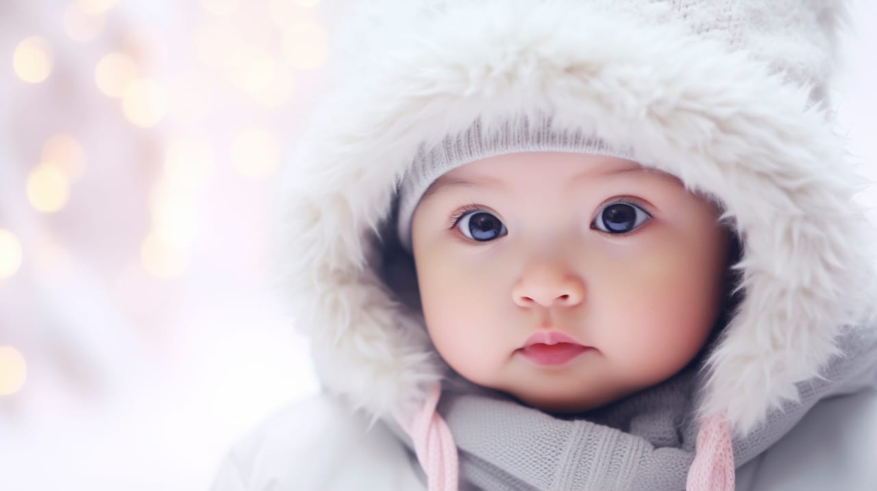 a baby wearing a white hat